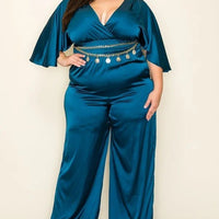 Satin Wrap Front Short Sleeve Smocked Waist Jumpsuit - Passion 4 Fashion USA