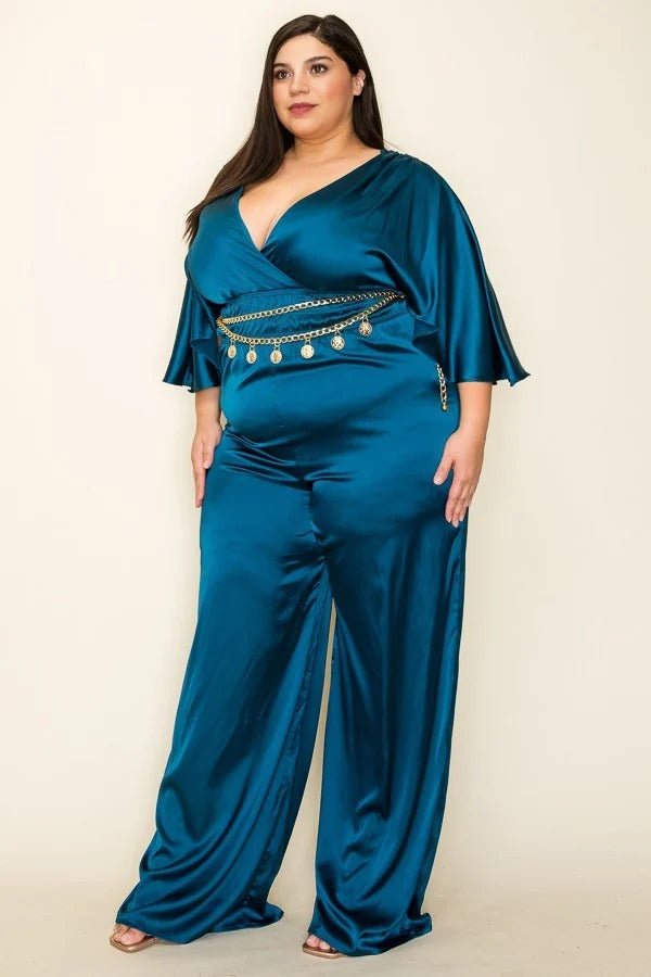 Satin Wrap Front Short Sleeve Smocked Waist Jumpsuit - Passion 4 Fashion USA