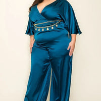 Satin Wrap Front Short Sleeve Smocked Waist Jumpsuit - Passion 4 Fashion USA