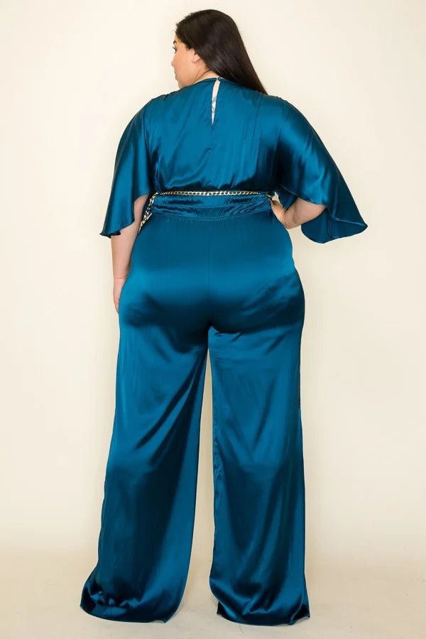Satin Wrap Front Short Sleeve Smocked Waist Jumpsuit - Passion 4 Fashion USA