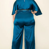 Satin Wrap Front Short Sleeve Smocked Waist Jumpsuit - Passion 4 Fashion USA