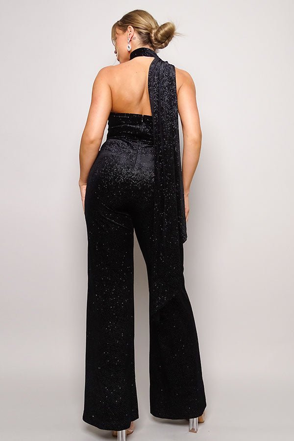 Scarf Top Glitter Velvet Jumpsuit - Passion 4 Fashion USA