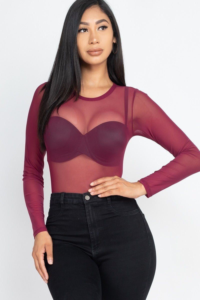 Sexy Sheer Mesh Long Sleeve Bodysuit - Passion 4 Fashion USA