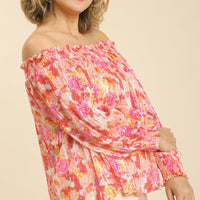 Sheer Floral Print Metallic Threading Long Sleeve Off Shoulder Top With High Low Hem - Passion 4 Fashion USA