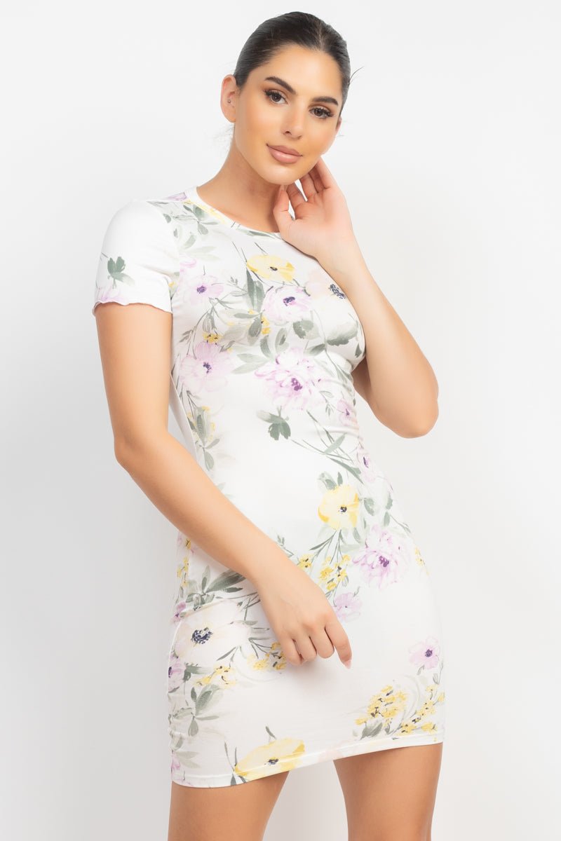 Short Sleeve Floral Bodycon Dress - Passion 4 Fashion USA