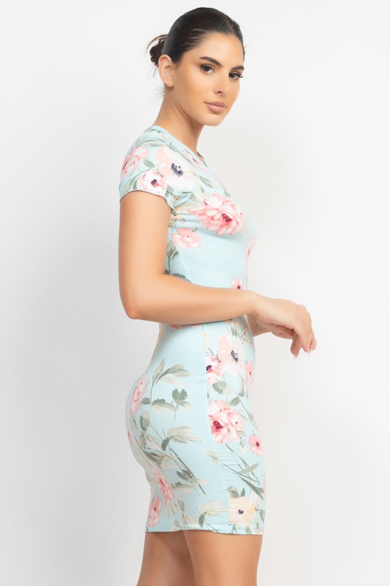 Short Sleeve Floral Bodycon Dress - Passion 4 Fashion USA