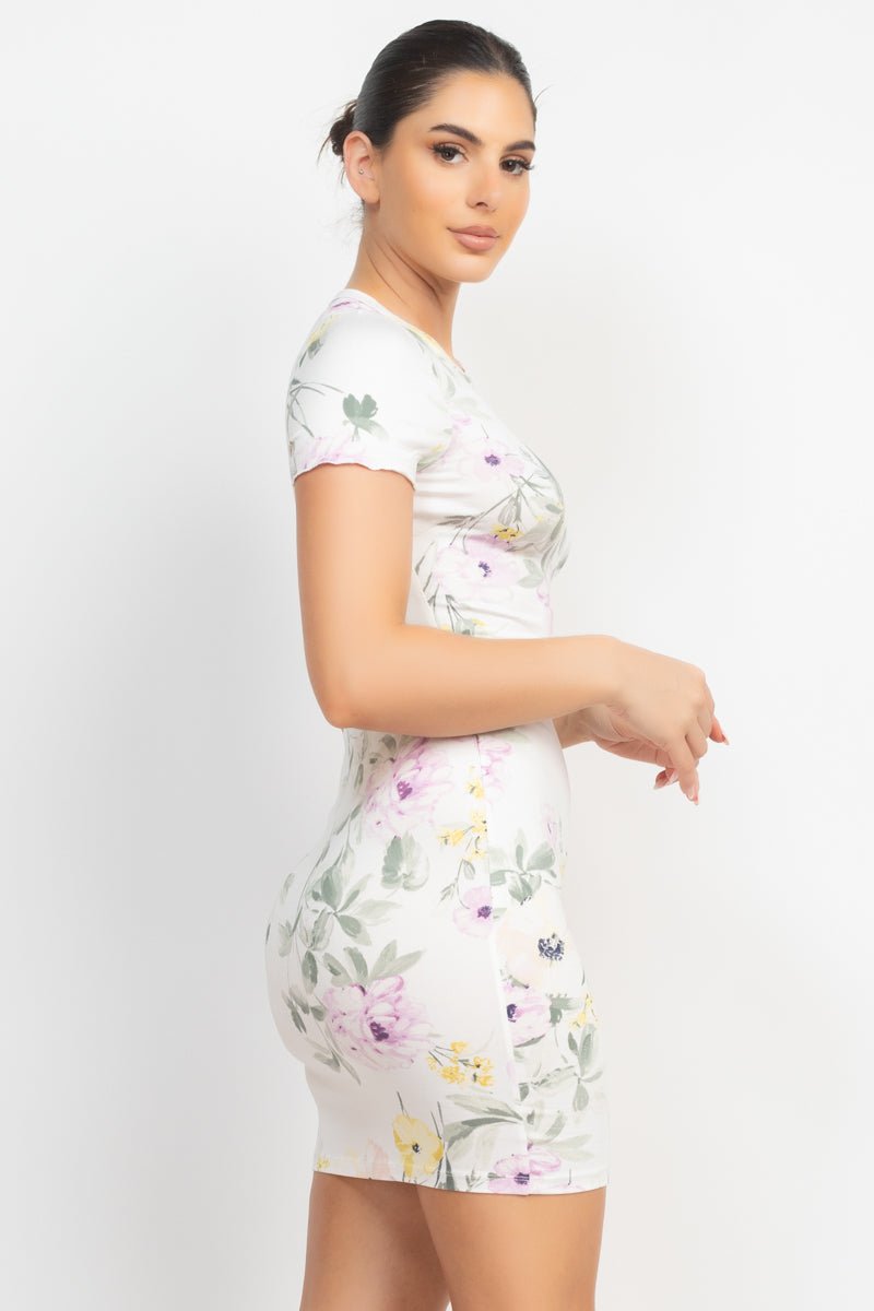 Short Sleeve Floral Bodycon Dress - Passion 4 Fashion USA
