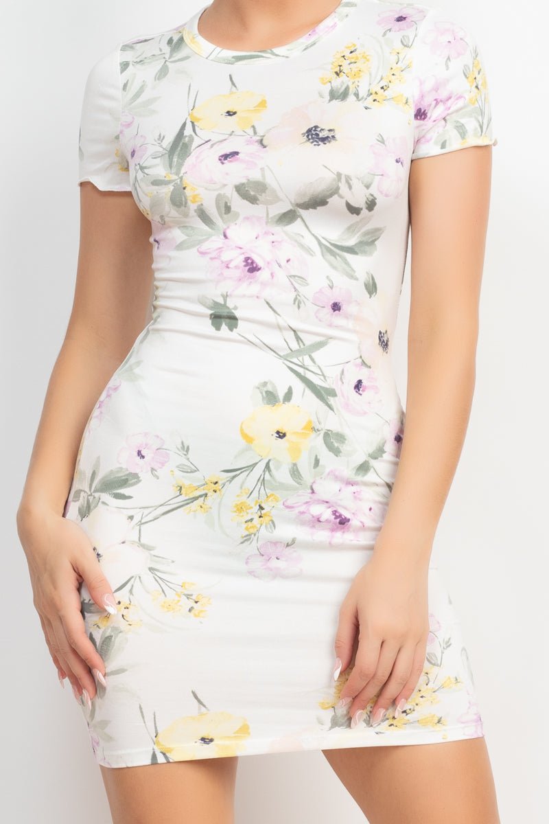 Short Sleeve Floral Bodycon Dress - Passion 4 Fashion USA