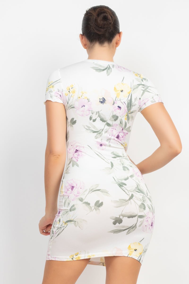 Short Sleeve Floral Bodycon Dress - Passion 4 Fashion USA