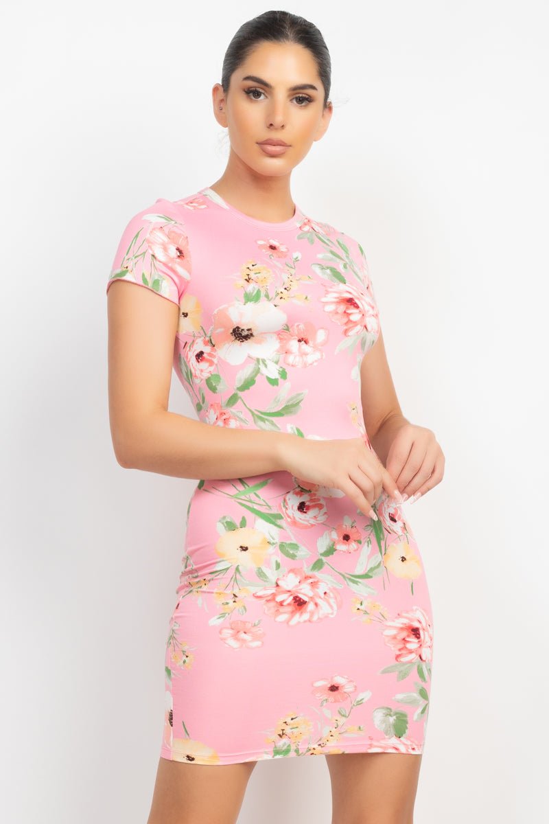 Short Sleeve Floral Bodycon Dress - Passion 4 Fashion USA