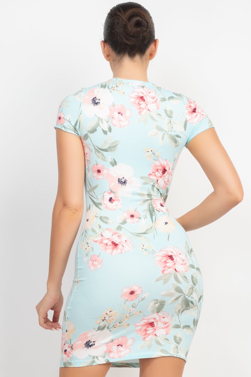 Short Sleeve Floral Bodycon Dress - Passion 4 Fashion USA