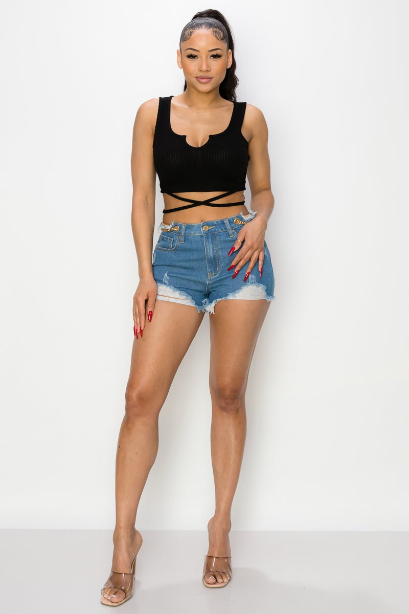 Side Chain Detailed Denim Shorts - Passion 4 Fashion USA
