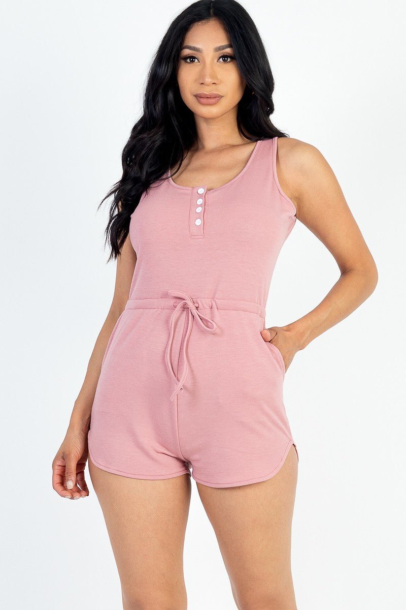 Sleeveless Drawstring Waist Button Tank Romper - Passion 4 Fashion USA