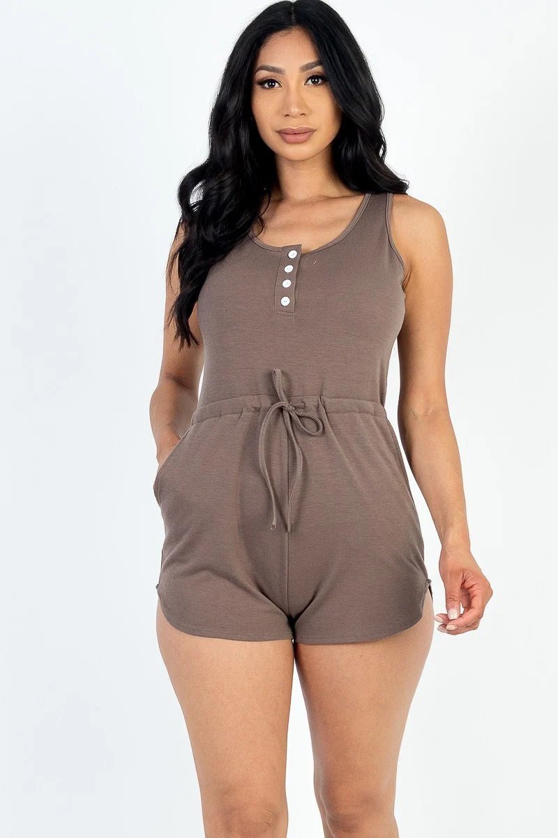 Sleeveless Drawstring Waist Button Tank Romper - Passion 4 Fashion USA