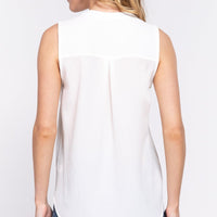 Sleeveless Henley Neck Woven Top - Passion 4 Fashion USA