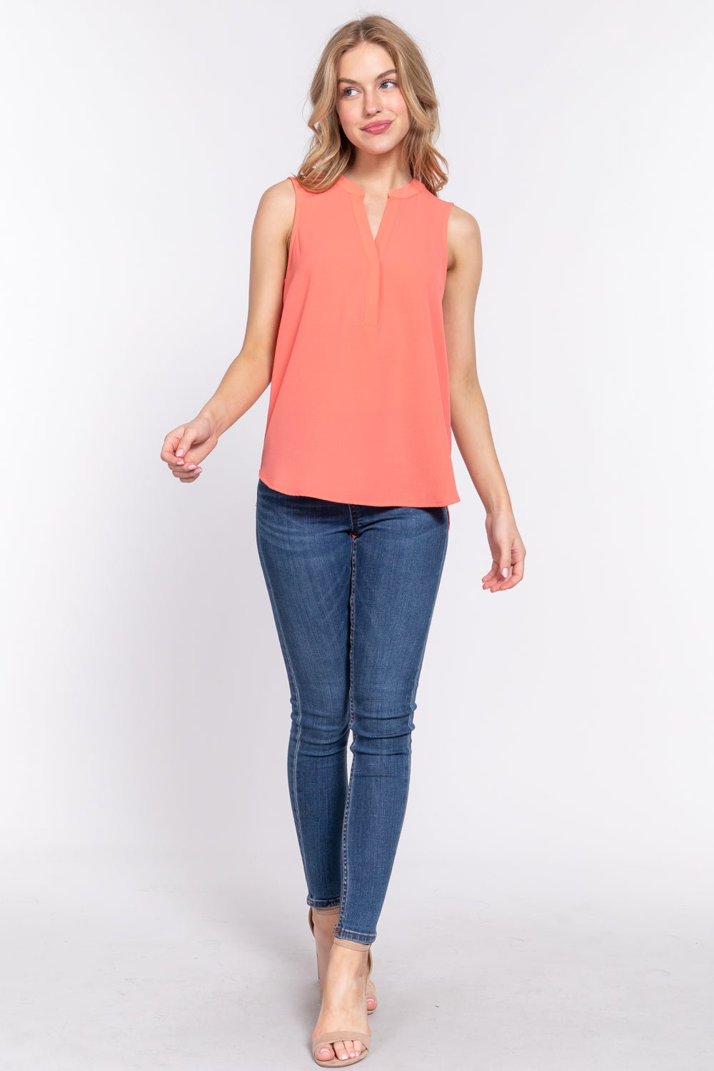 Sleeveless Henley Neck Woven Top - Passion 4 Fashion USA
