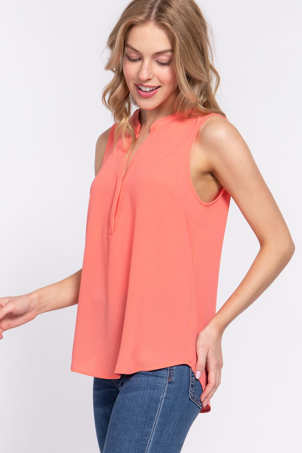 Sleeveless Henley Neck Woven Top - Passion 4 Fashion USA