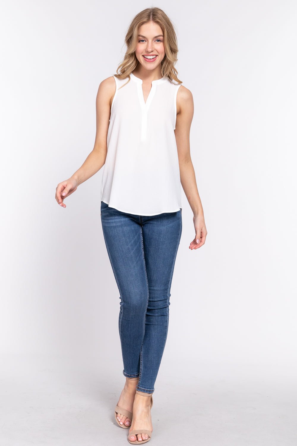 Sleeveless Henley Neck Woven Top - Passion 4 Fashion USA