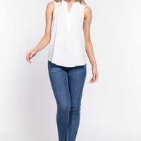 Sleeveless Henley Neck Woven Top - Passion 4 Fashion USA