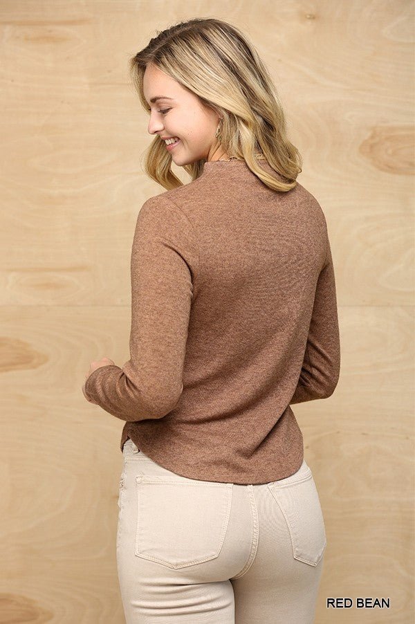Solid And Cozy Soft Knit Mock Neck Top With Side Ruched Detail - Passion 4 Fashion USA