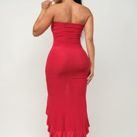 Solid Bottom Ruffle Trim Hem Slit Tube Maxi Dress - Passion 4 Fashion USA