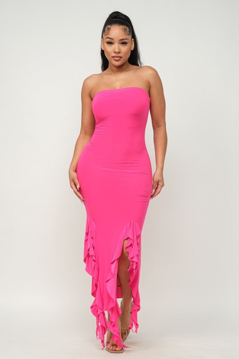 Solid Bottom Ruffle Trim Hem Slit Tube Maxi Dress - Passion 4 Fashion USA
