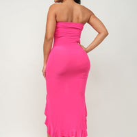 Solid Bottom Ruffle Trim Hem Slit Tube Maxi Dress - Passion 4 Fashion USA