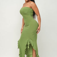 Solid Bottom Ruffle Trim Hem Slit Tube Maxi Dress - Passion 4 Fashion USA