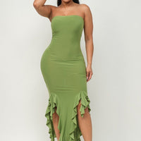 Solid Bottom Ruffle Trim Hem Slit Tube Maxi Dress - Passion 4 Fashion USA