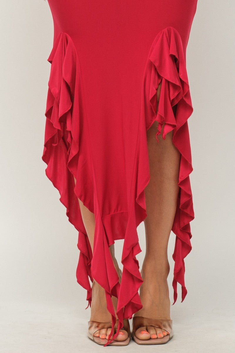 Solid Bottom Ruffle Trim Hem Slit Tube Maxi Dress - Passion 4 Fashion USA