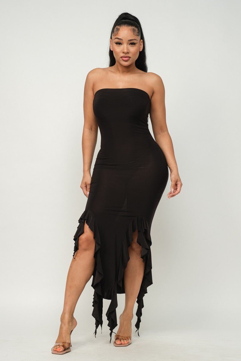 Solid Bottom Ruffle Trim Hem Slit Tube Maxi Dress - Passion 4 Fashion USA