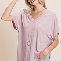 Solid V Neck Casual And Basic Top With Short Dolman Sleeves And Side Slit Hem - Passion 4 Fashion USA