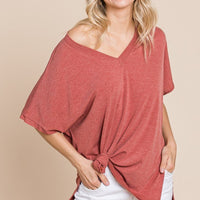 Solid V Neck Casual And Basic Top With Short Dolman Sleeves And Side Slit Hem - Passion 4 Fashion USA