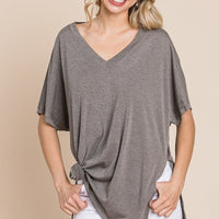 Solid V Neck Casual And Basic Top With Short Dolman Sleeves And Side Slit Hem - Passion 4 Fashion USA