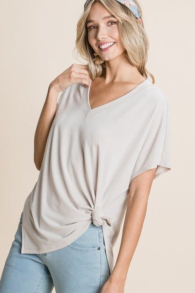 Solid V Neck Casual And Basic Top With Short Dolman Sleeves And Side Slit Hem - Passion 4 Fashion USA