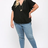 Solid Viscose Knit Surplice Top With Ruffle Sleeve - Passion 4 Fashion USA