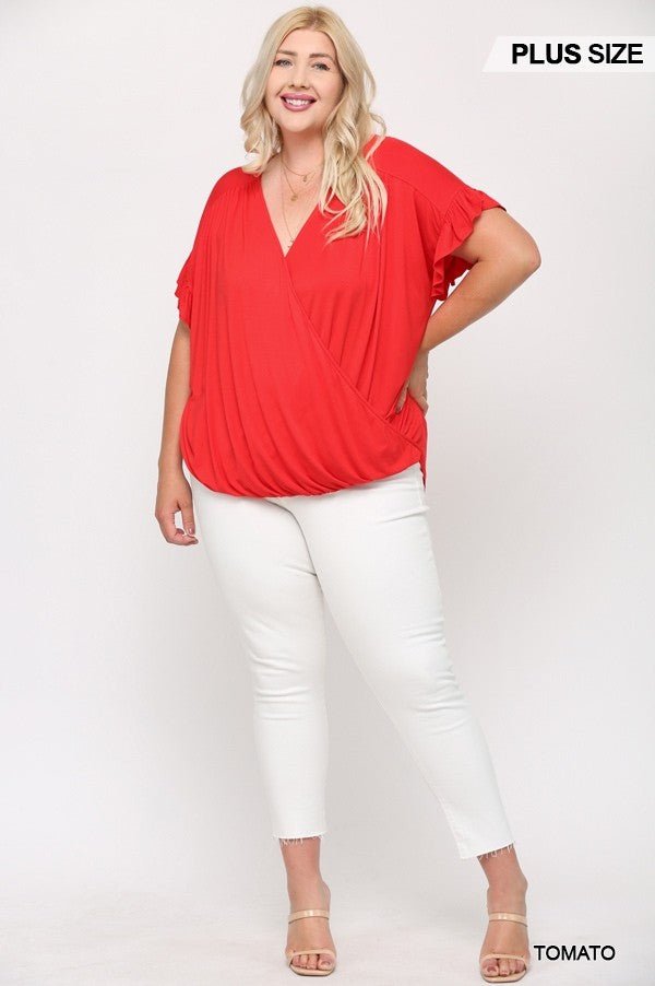 Solid Viscose Knit Surplice Top With Ruffle Sleeve - Passion 4 Fashion USA