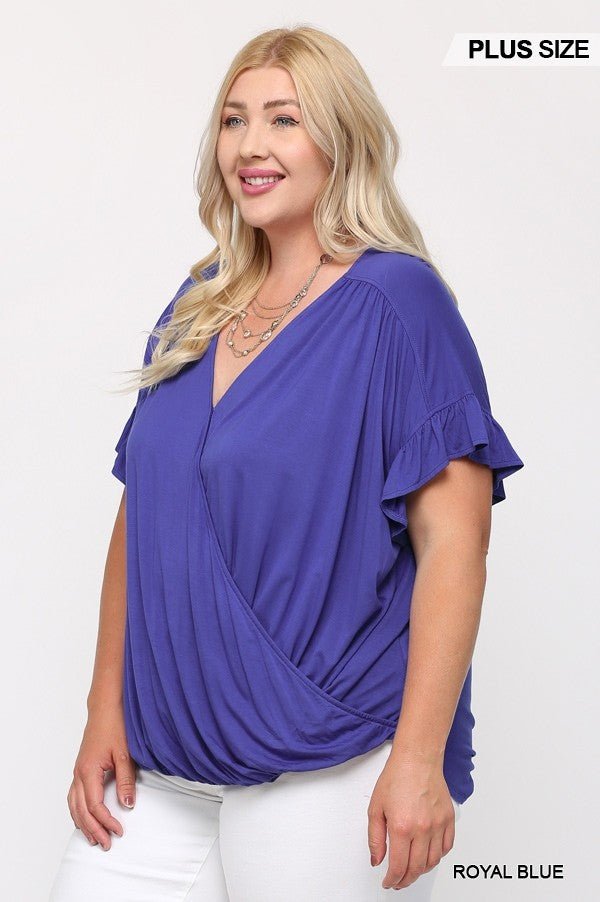 Solid Viscose Knit Surplice Top With Ruffle Sleeve - Passion 4 Fashion USA