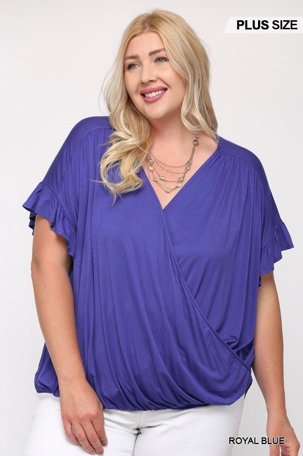 Solid Viscose Knit Surplice Top With Ruffle Sleeve - Passion 4 Fashion USA