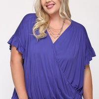 Solid Viscose Knit Surplice Top With Ruffle Sleeve - Passion 4 Fashion USA