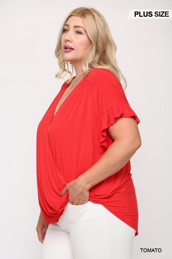 Solid Viscose Knit Surplice Top With Ruffle Sleeve - Passion 4 Fashion USA