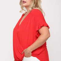 Solid Viscose Knit Surplice Top With Ruffle Sleeve - Passion 4 Fashion USA