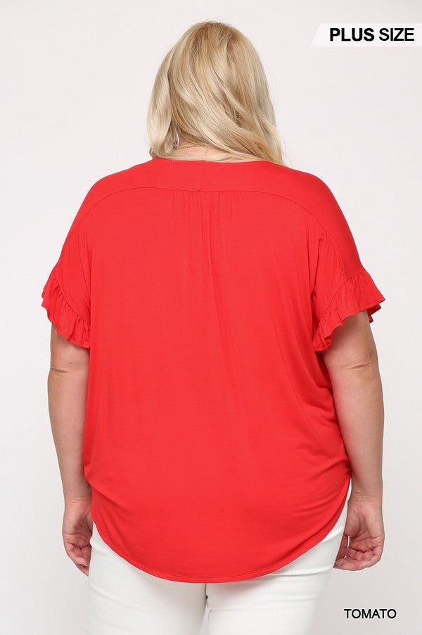 Solid Viscose Knit Surplice Top With Ruffle Sleeve - Passion 4 Fashion USA