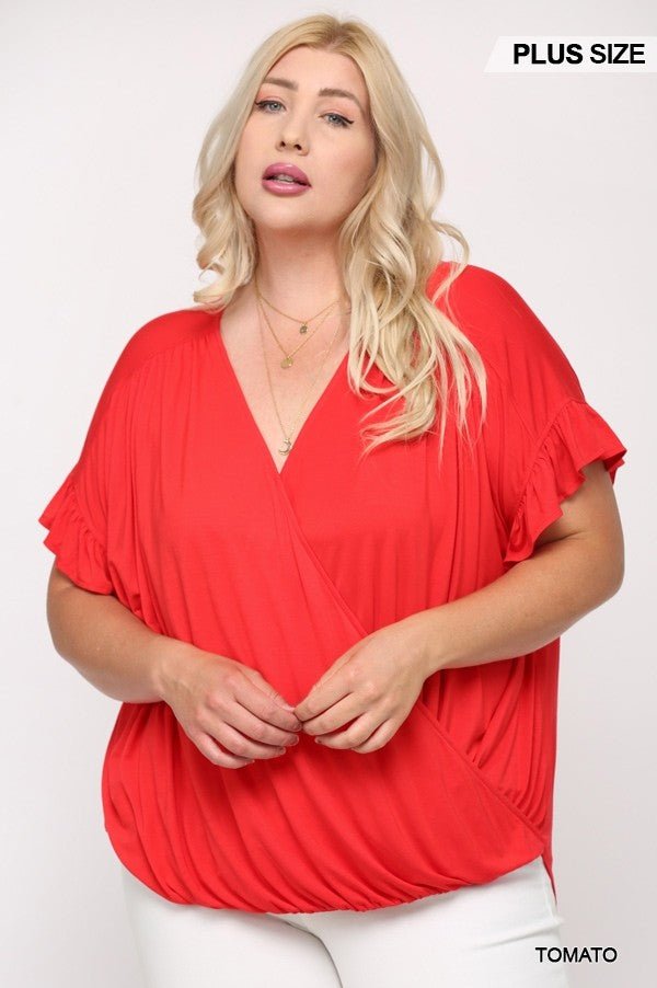 Solid Viscose Knit Surplice Top With Ruffle Sleeve - Passion 4 Fashion USA