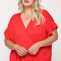 Solid Viscose Knit Surplice Top With Ruffle Sleeve - Passion 4 Fashion USA