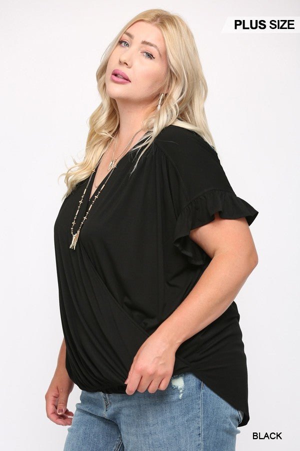 Solid Viscose Knit Surplice Top With Ruffle Sleeve - Passion 4 Fashion USA