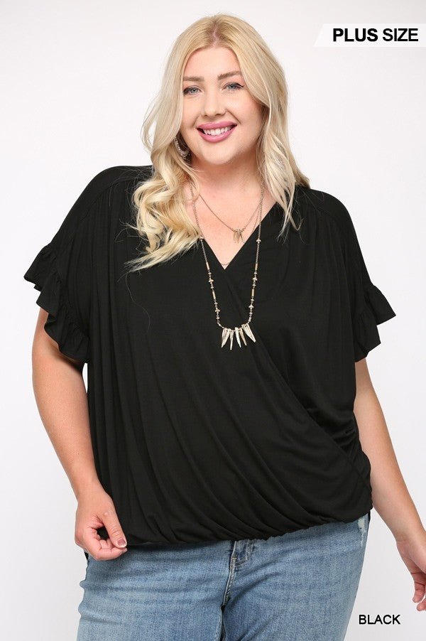 Solid Viscose Knit Surplice Top With Ruffle Sleeve - Passion 4 Fashion USA