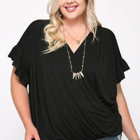 Solid Viscose Knit Surplice Top With Ruffle Sleeve - Passion 4 Fashion USA