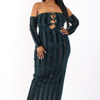 Striped Velvet Off Shoulder Dress - Passion 4 Fashion USA