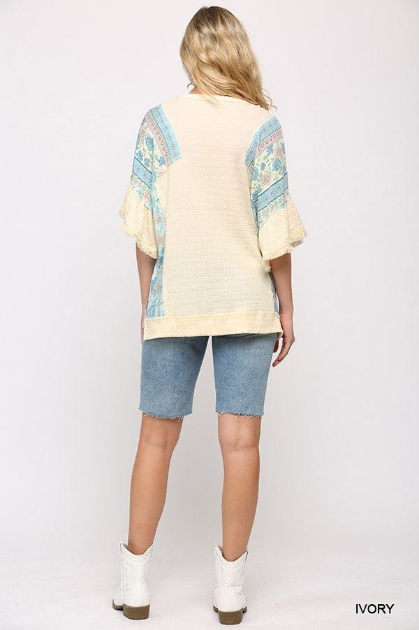 Texture Knit And Print Mixed Hi Low Hem Top - Passion 4 Fashion USA